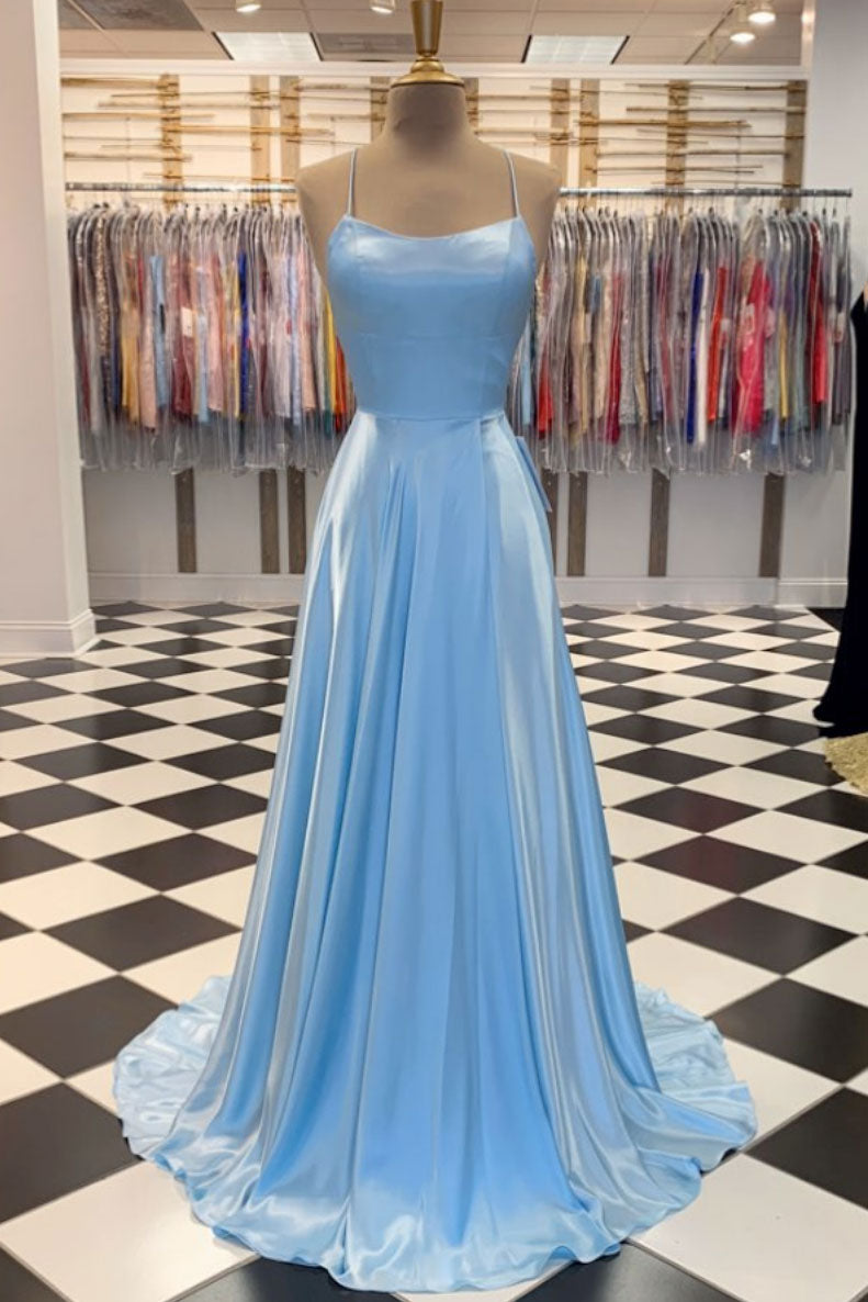 Simple blue satin long prom dress blue ...